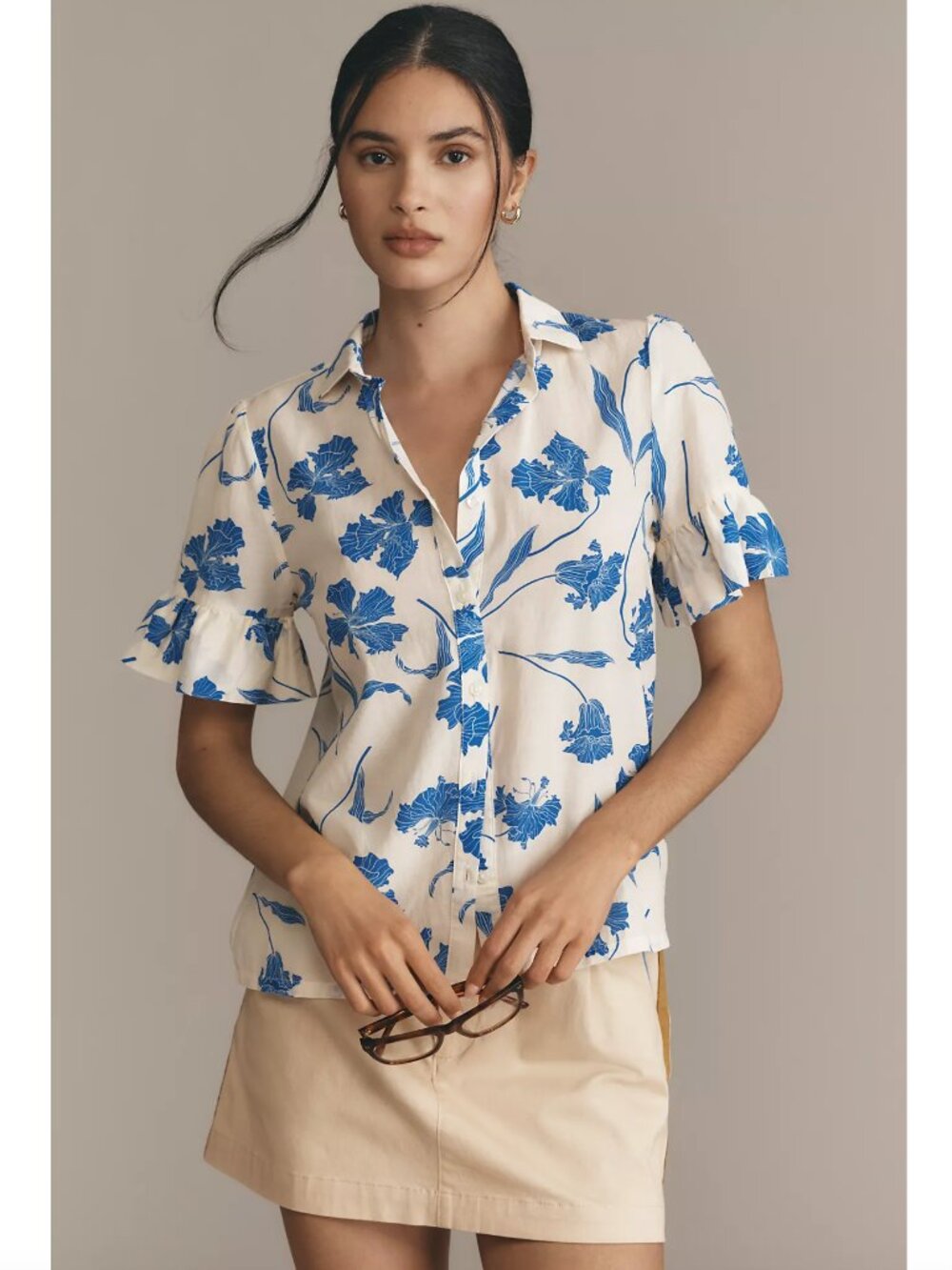 Trovata Lena Ruffle Short-Sleeve Buttondown Top